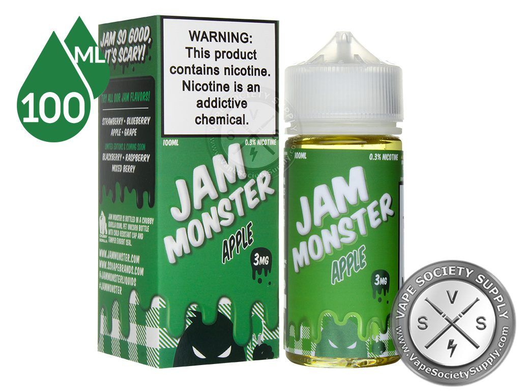 Apple Jam Monster 100ml bottle in front of its box