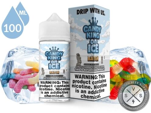 Batch Candy King On Ice 100ml bottle and box with sugar-coated gummy worms and gummy bears in blocks of ice