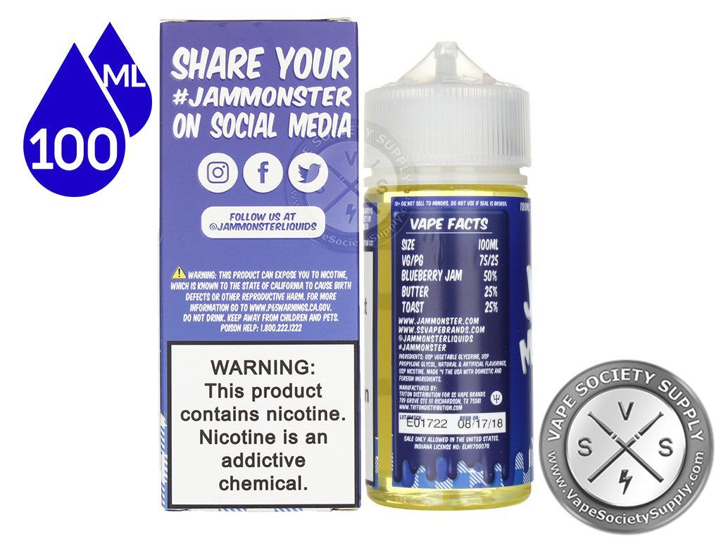 Blueberry Jam Monster 100ml box side with social media links, next to the bottle