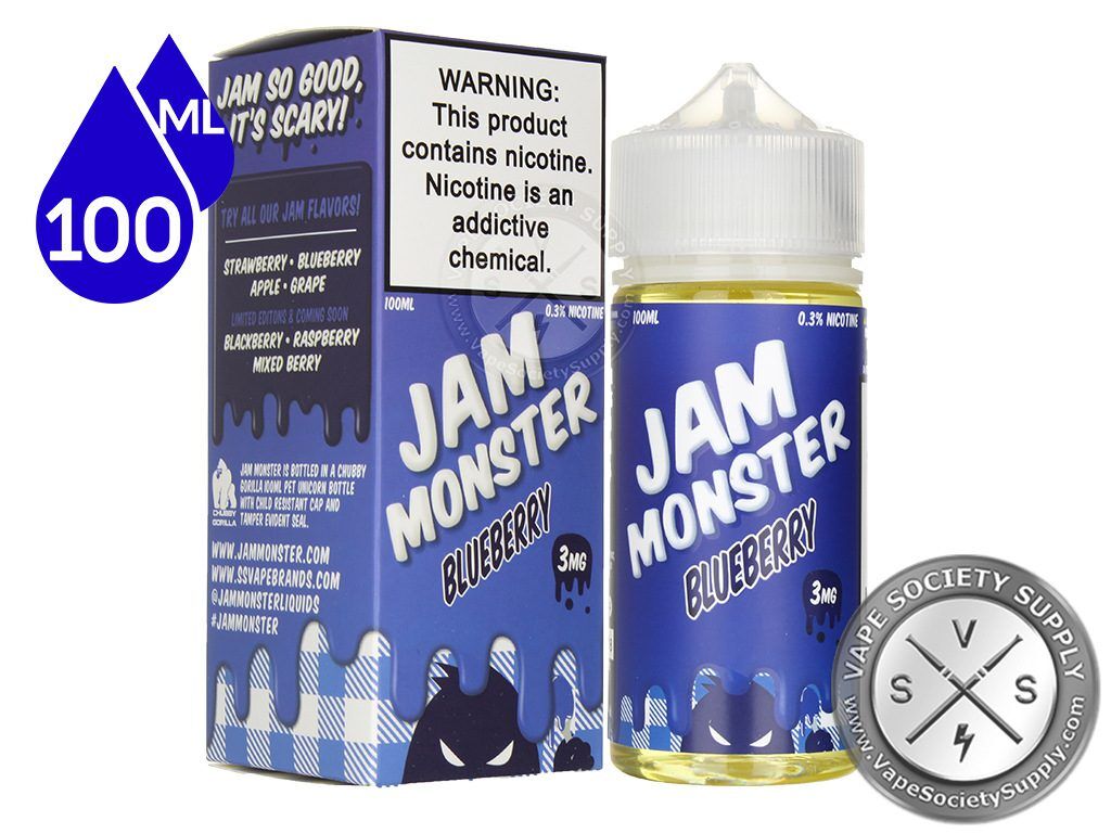 Blueberry Jam Monster 100ml bottle in front of its box