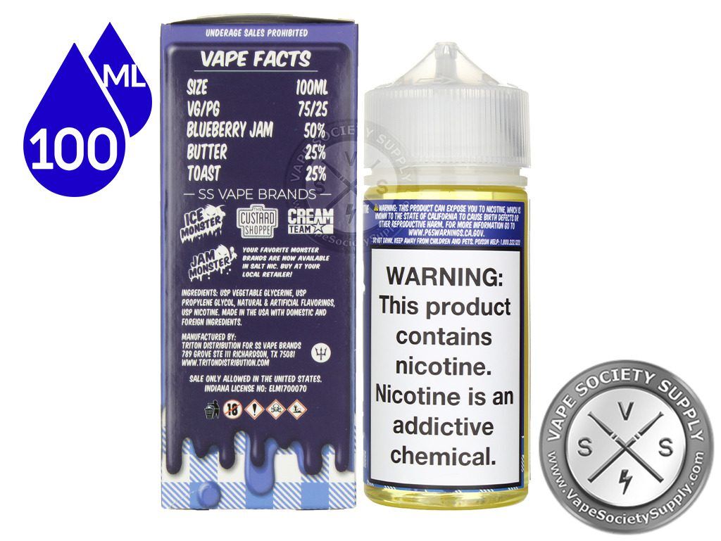 Blueberry Jam Monster 100ml box Vape Facts panel with size, VG/PG and flavor mix, next to the bottle