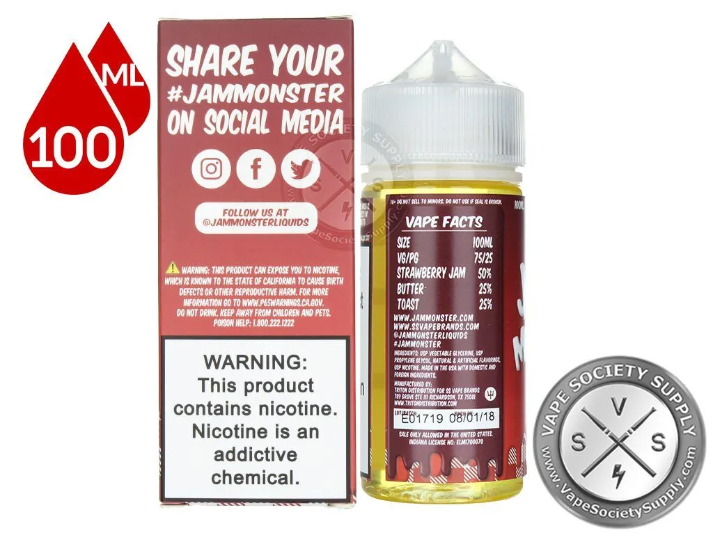 Strawberry Jam Monster 100ml box side with social media links, next to the bottle
