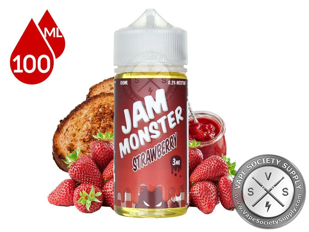 Strawberry Jam Monster 100ml bottle with strawberries, strawberry jam and toast