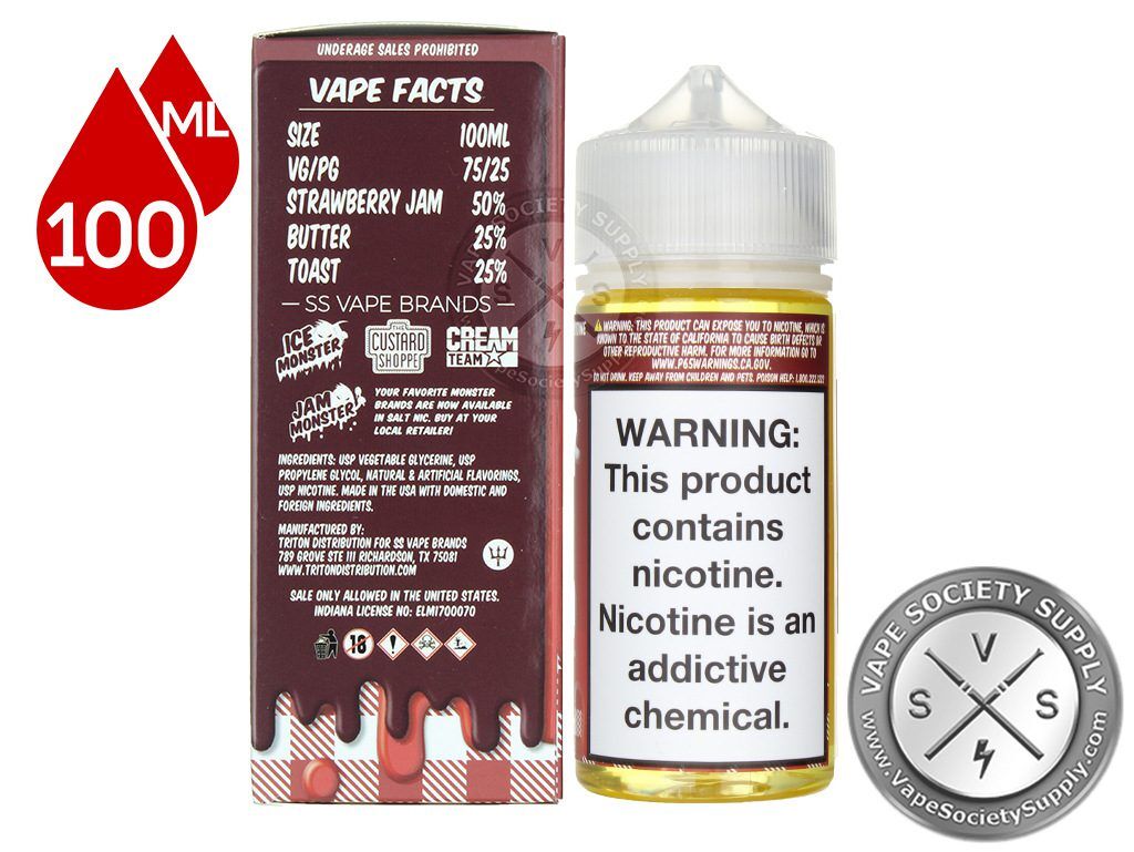 Strawberry Jam Monster 100ml box Vape Facts panel with size, VG/PG and flavor mix, next to the bottle