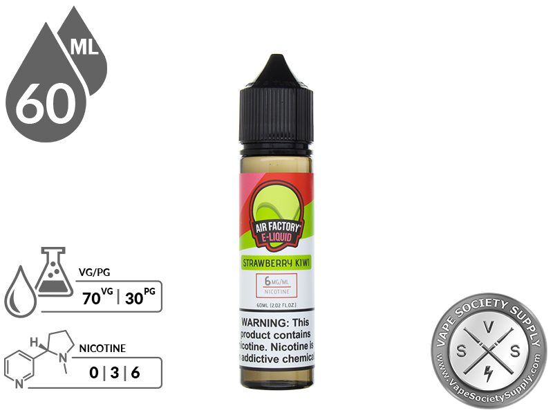 Strawberry Kiwi by Air Factory 60ml bottle with a 70/30 VG/PG icon and nicotine strength icons