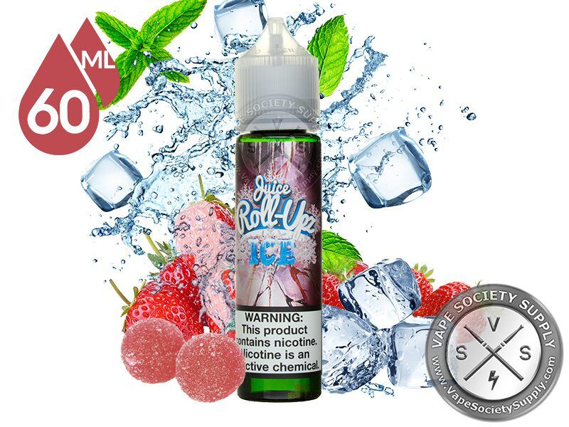 Strawberry Ice by Juice Roll Upz 60ml bottle with strawberries, pink gummy candies, ice cubes and mint leaves