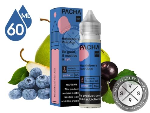 Huckleberry Pear Acai PACHA 60ml bottle and box with huckleberries, pears and acai berries