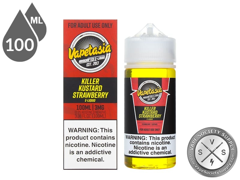 Killer Kustard Strawberry Vapetasia 100ml bottle in front of its box