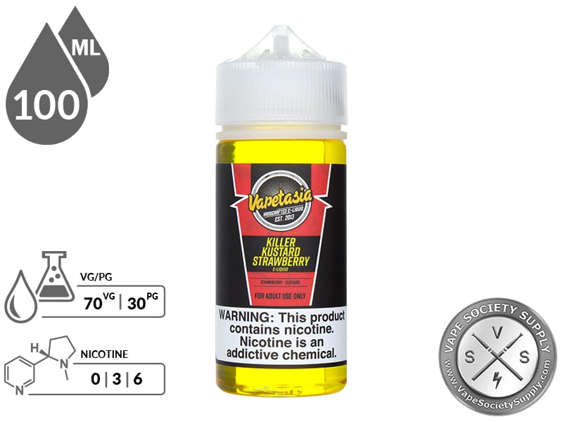 Killer Kustard Strawberry Vapetasia 100ml bottle with a 70/30 VG/PG icon and nicotine strength icons