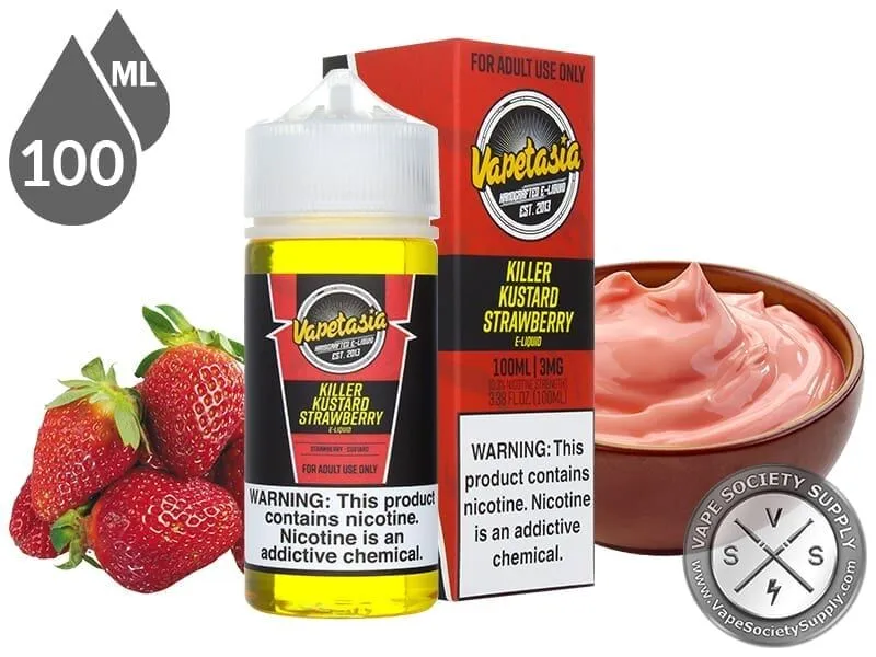 Killer Kustard Strawberry Vapetasia 100ml bottle and box with strawberries and a bowl of strawberry custard