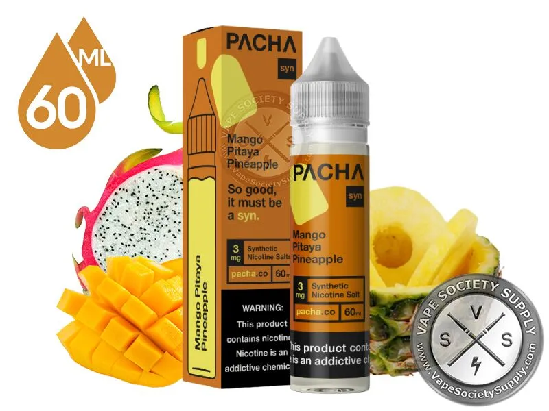 Mango Pitaya Pineapple PACHA 60ml bottle and box with dragon fruit, mango and pineapple