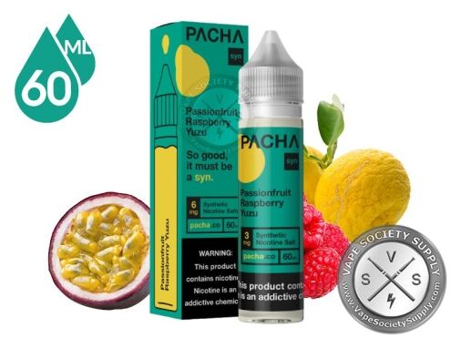 Passion Fruit Raspberry Yuzu PACHA 60ml bottle and box with passion fruit, a yuzu and raspberries
