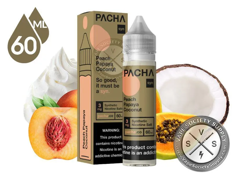 Peach Papaya Coconut Cream PACHA 60ml bottle and box with whipped cream, a peach, a coconut and papaya