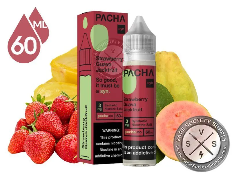 Strawberry Guava Jackfruit PACHA 60ml bottle and box with strawberries, guava and jackfruit