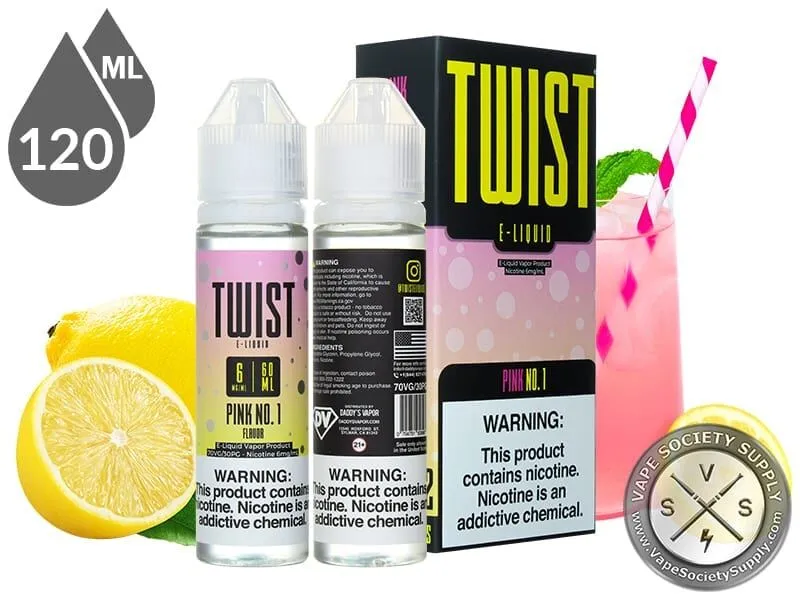 Pink No. 1 by Twist 120ml bottles and box with lemons and a glass of pink lemonade