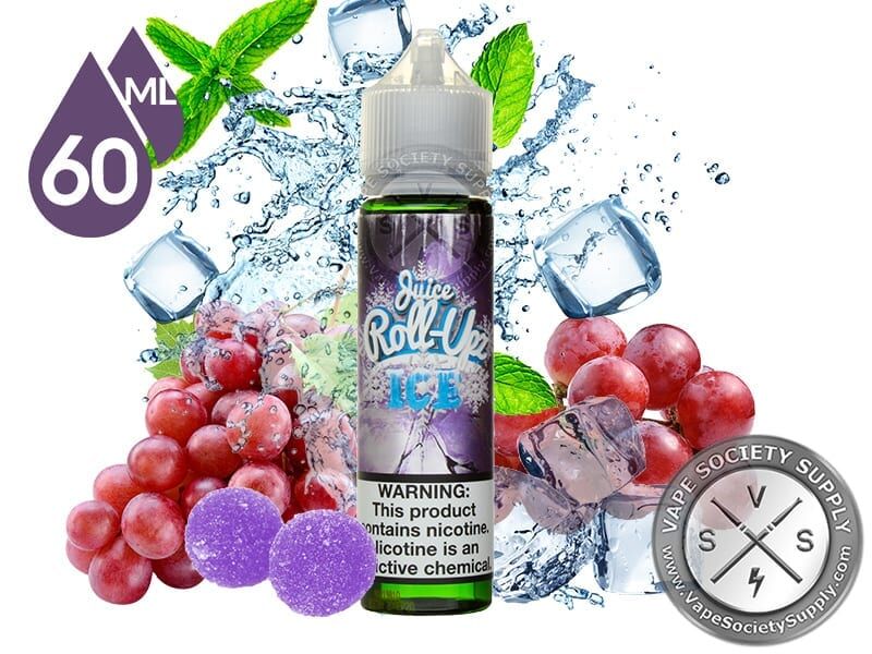 Grape Ice by Juice Roll Upz 60ml bottle with red grapes, purple gummy candies, ice cubes and mint leaves