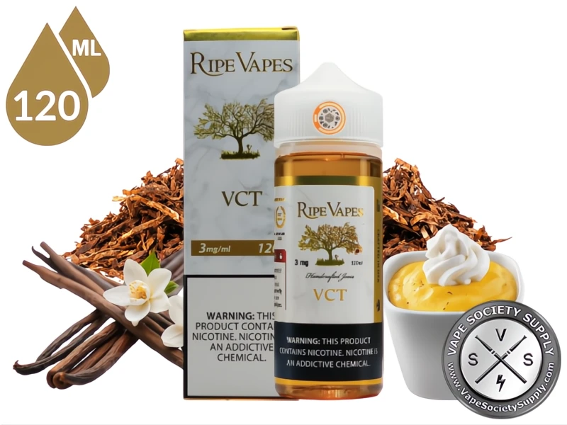 VCT by Ripe Vapes 120ml bottle and box with dried tobacco leaves, vanilla pods and a cup of custard