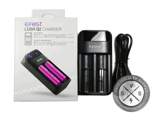 Efest Lush Q2 charger beside its box, which lists the features, with the power cord