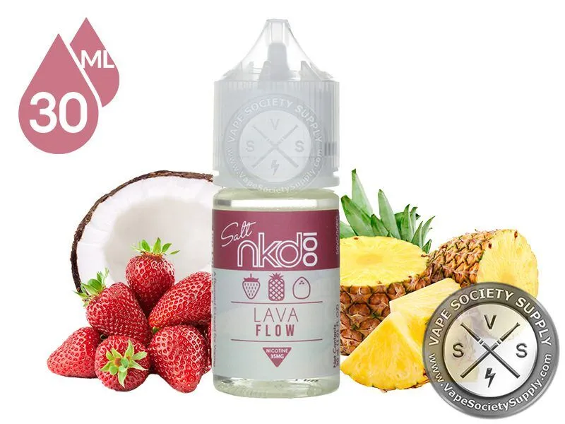Lava Flow NKD 100 Salt 30ml bottle with a coconut, strawberries and pineapple