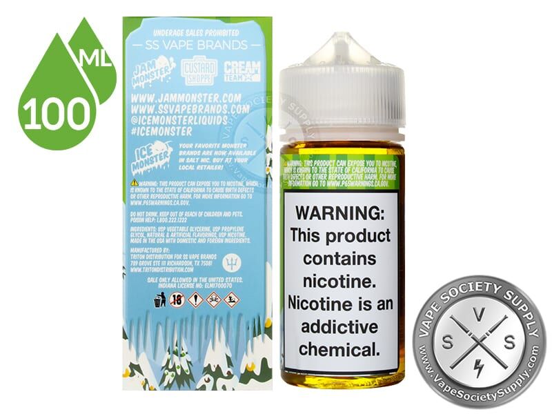Melon Colada Ice Monster 100ml bottle next to the box back with brand info