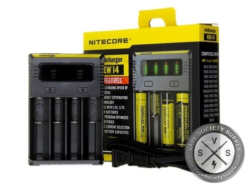 Nitecore New i4 four-bay charger beside its yellow and black box, with the AC power cord