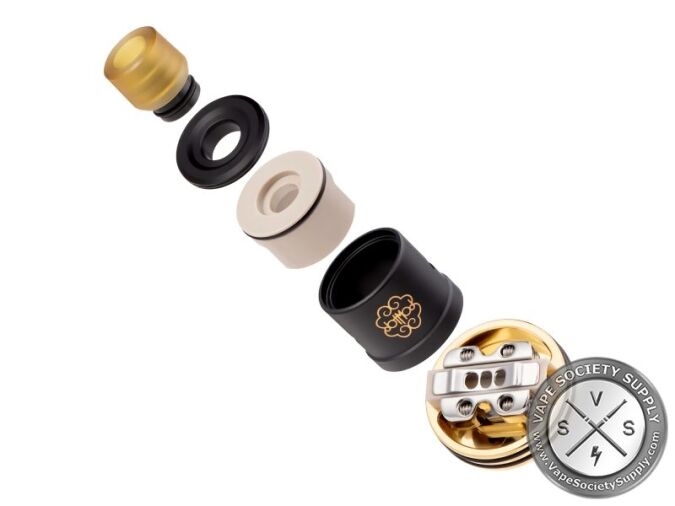dotmod DotRDA X taken apart: drip tip, rings, cap and deck