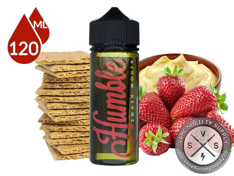 Strawberry Custard by Humble Juice 120ml bottle with graham crackers, a bowl of custard and strawberries