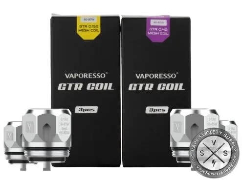Boxes of Vaporesso GTR 0.15Ω and 0.4Ω mesh coils with GT Meshed 0.18Ω coils in front