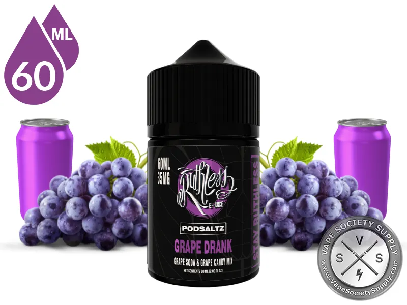 Grape Drank Ruthless PODSALTZ 60ml bottle with grapes and grape soda cans