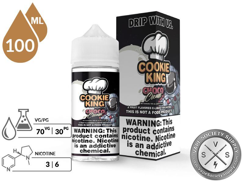 Choco Cream Cookie King 100ml bottle and box with a 70/30 VG/PG icon and nicotine strength icons