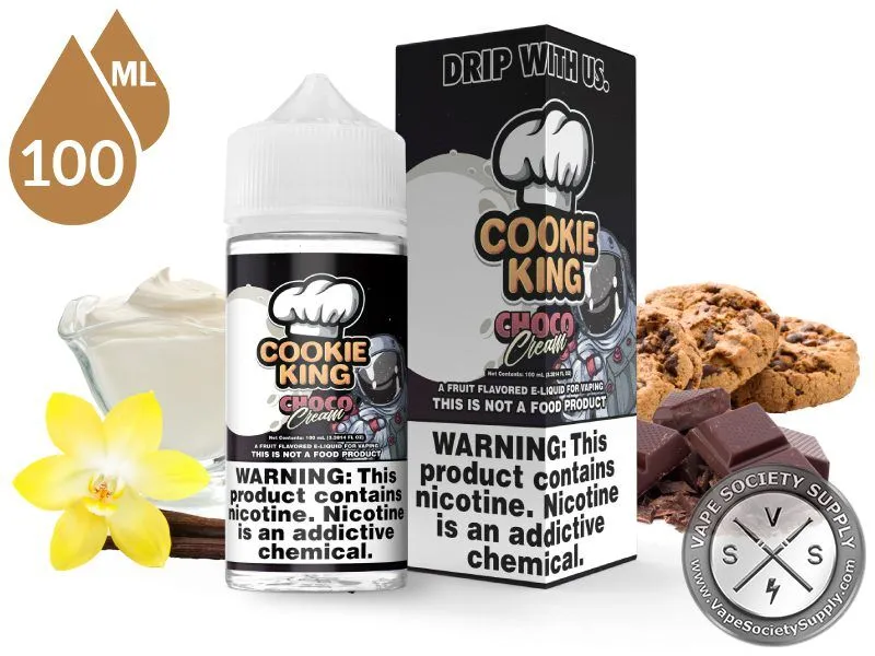 Choco Cream Cookie King 100ml bottle and box with a bowl of cream, a vanilla flower, chocolate chip cookies and chocolate pieces