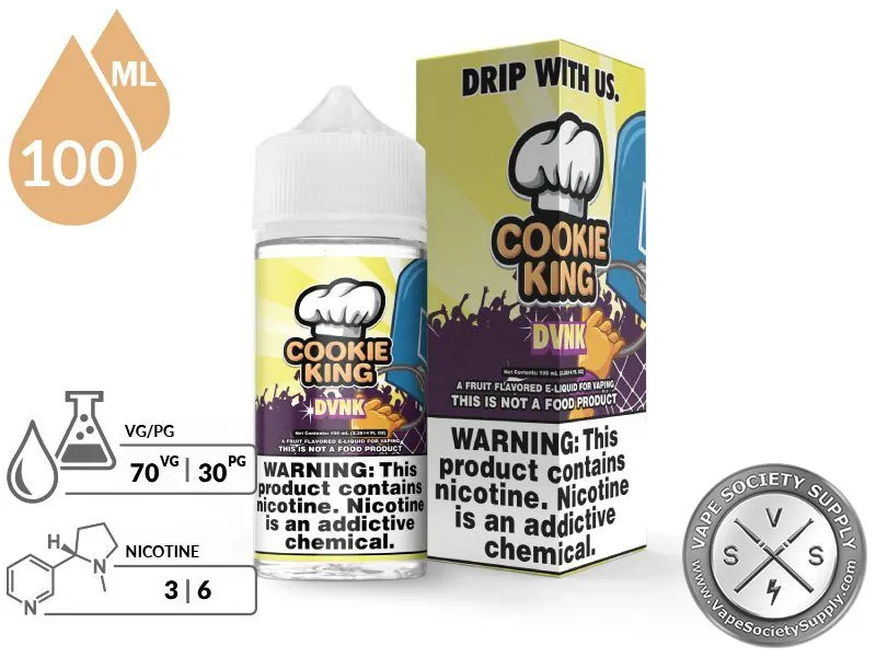 DVNK Cookie King 100ml bottle and box with a 70/30 VG/PG icon and nicotine strength icons