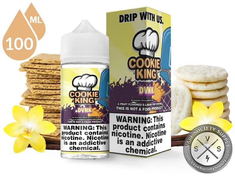 DVNK Cookie King 100ml bottle and box with graham crackers, round white cookies and vanilla flowers
