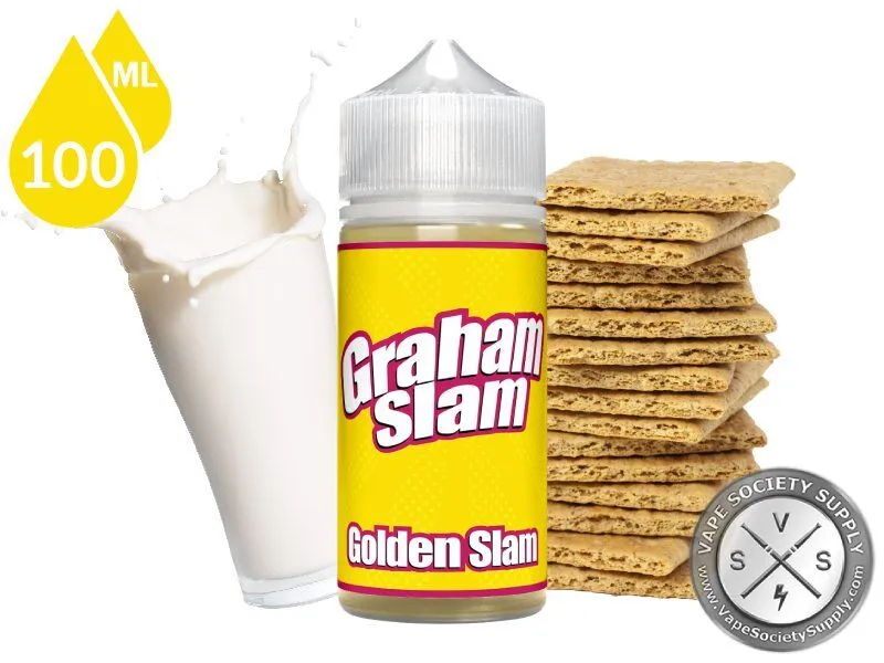 Graham Slam by Slam Juice 100ml bottle with a splash of milk and graham crackers