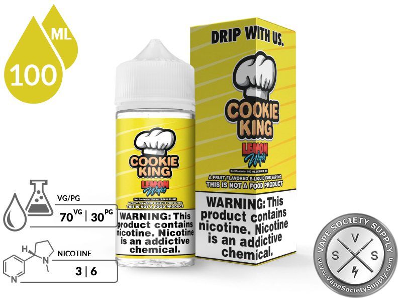 Lemon Wafer Cookie King 100ml bottle and box with a 70/30 VG/PG icon and nicotine strength icons