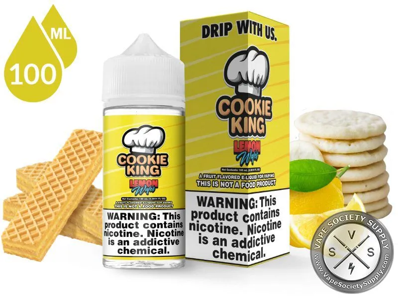 Lemon Wafer Cookie King 100ml bottle and box with wafers, round cookies and a lemon