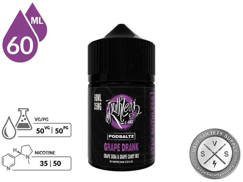 Grape Drank Ruthless PODSALTZ 60ml bottle with a 50/50 VG/PG icon and nicotine strength icons