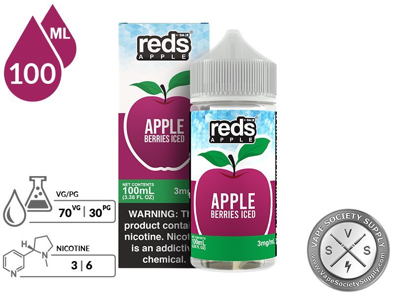 Berries Iced Reds Apple 7 Daze 100ml bottle and box with a 70/30 VG/PG icon and nicotine strength icons
