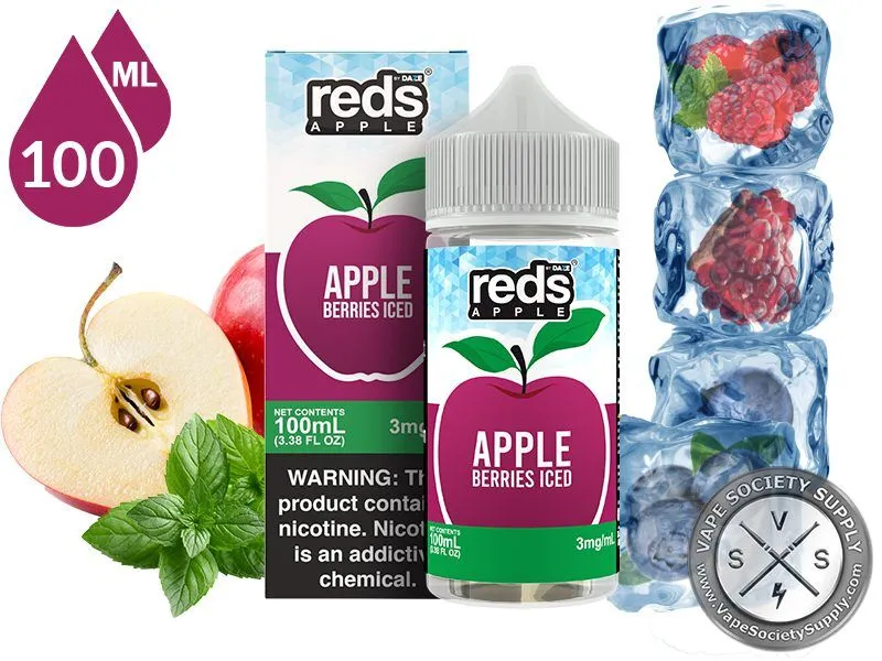 Berries Iced Reds Apple 7 Daze 100ml bottle and box with a sliced apple, mint leaves and berries frozen in ice cubes