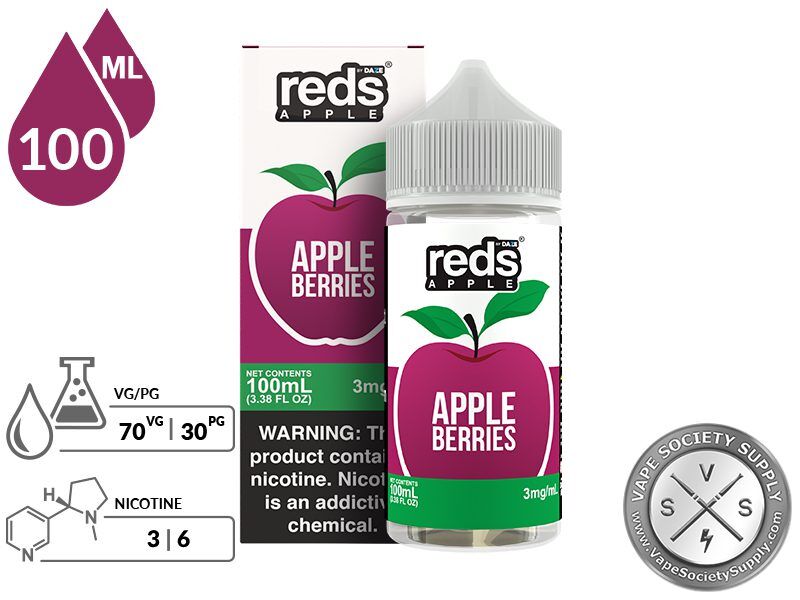 Berries Reds Apple 7 Daze 100ml bottle and box with a 70/30 VG/PG icon and nicotine strength icons
