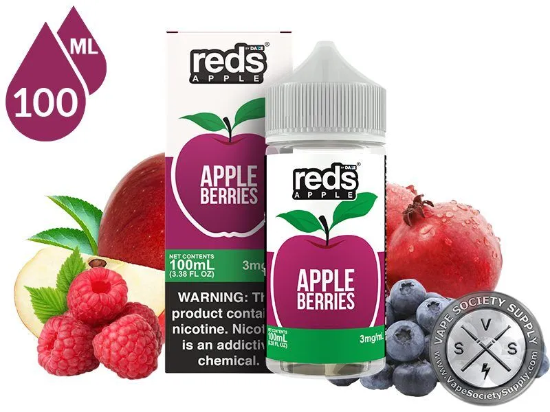 Berries Reds Apple 7 Daze 100ml bottle and box with a sliced apple, raspberries, a pomegranate and blueberries