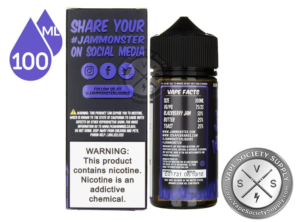 Blackberry Jam Monster 100ml box side with social media links, next to the bottle
