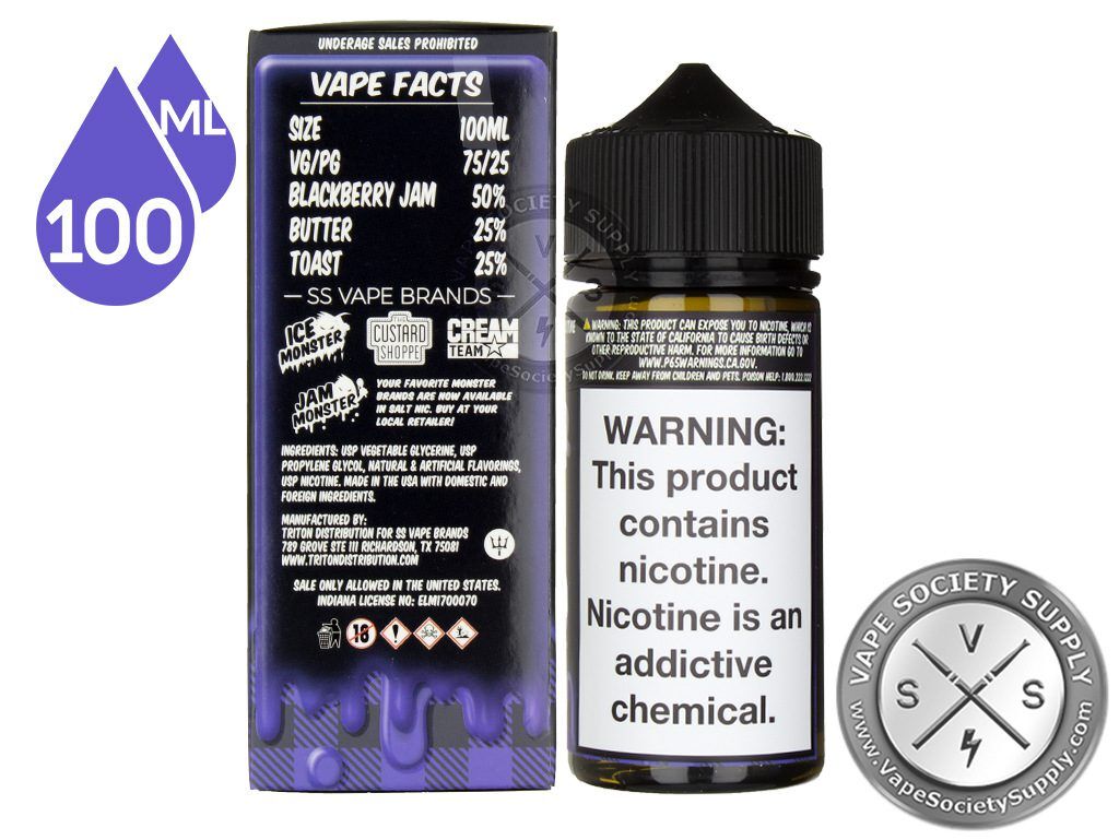 Blackberry Jam Monster 100ml box Vape Facts panel with size, VG/PG and flavor mix, next to the bottle