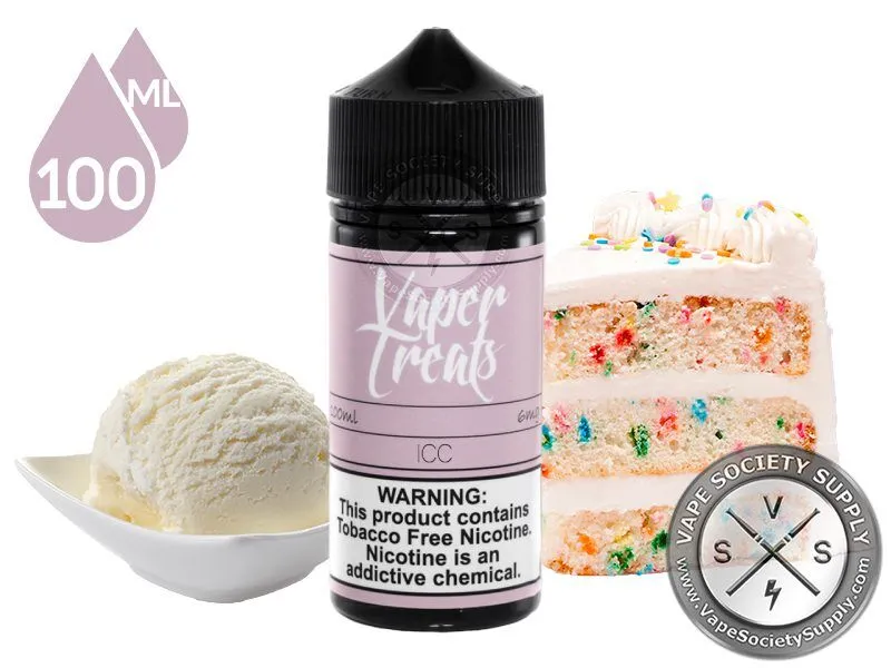 Ice Cream Cake by Vaper Treats 100ml bottle with a scoop of vanilla ice cream and a slice of sprinkle cake