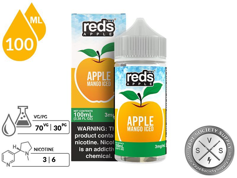 Mango Iced Reds Apple 7 Daze 100ml bottle and box with a 70/30 VG/PG icon and nicotine strength icons