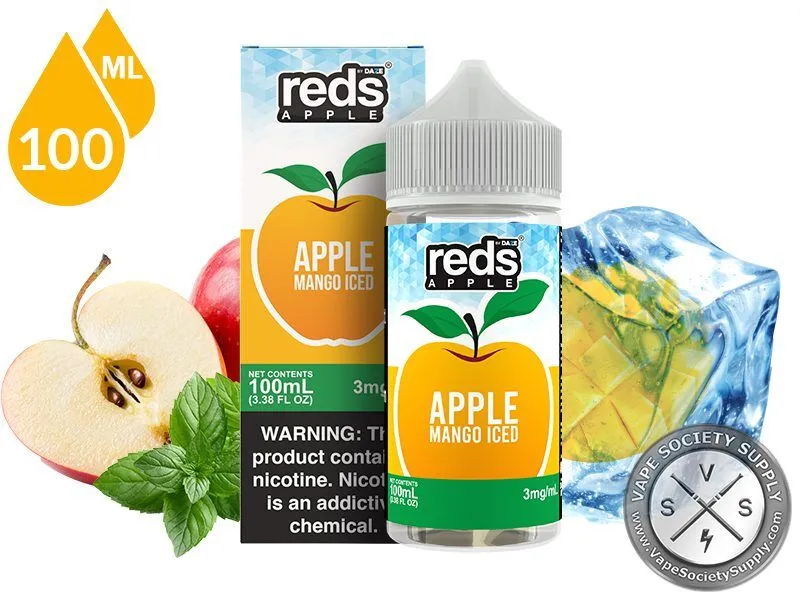 Mango Iced Reds Apple 7 Daze 100ml bottle and box with a sliced apple, mint leaves and mango frozen in ice cubes