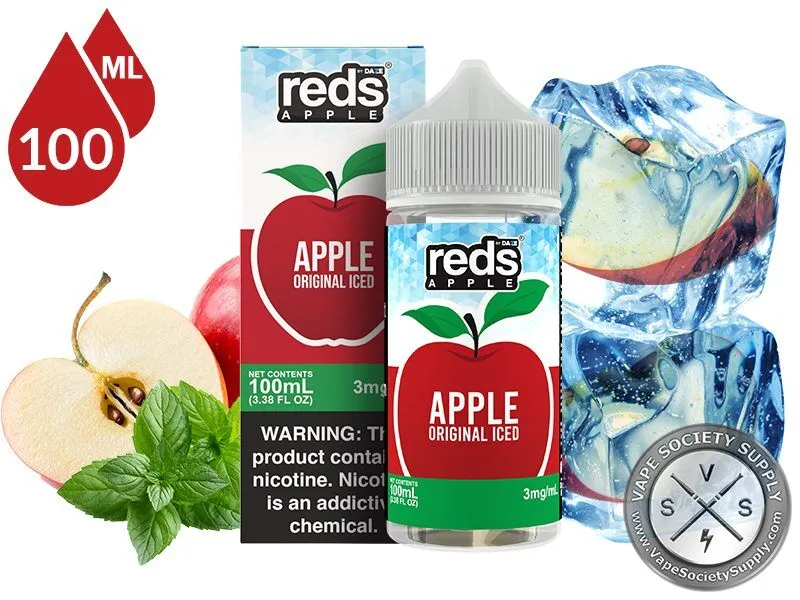 Original Iced Reds Apple 7 Daze 100ml bottle and box with a sliced apple, mint leaves and apple slices frozen in ice cubes