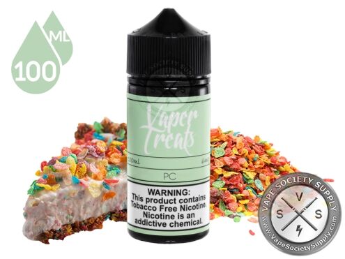 Pebbles Cheesecake by Vaper Treats 100ml bottle with a slice of cheesecake and fruity cereal