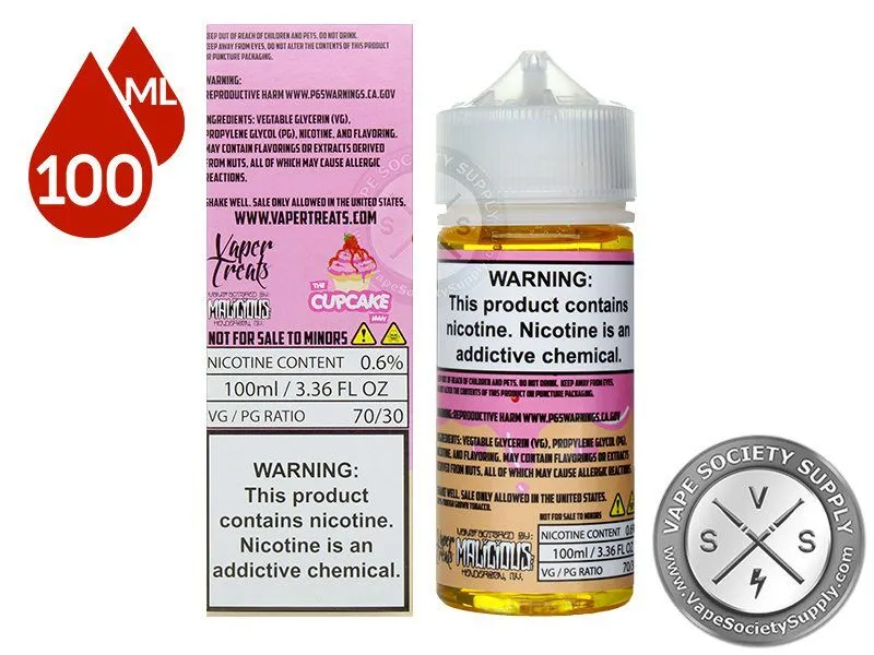 The Cupcake Man Strawberry by Vaper Treats 100ml box back panel and bottle