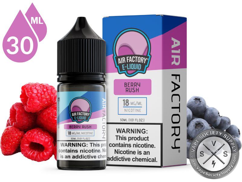 Berry Rush by Air Factory Salts 30ml bottle and box with raspberries and blueberries